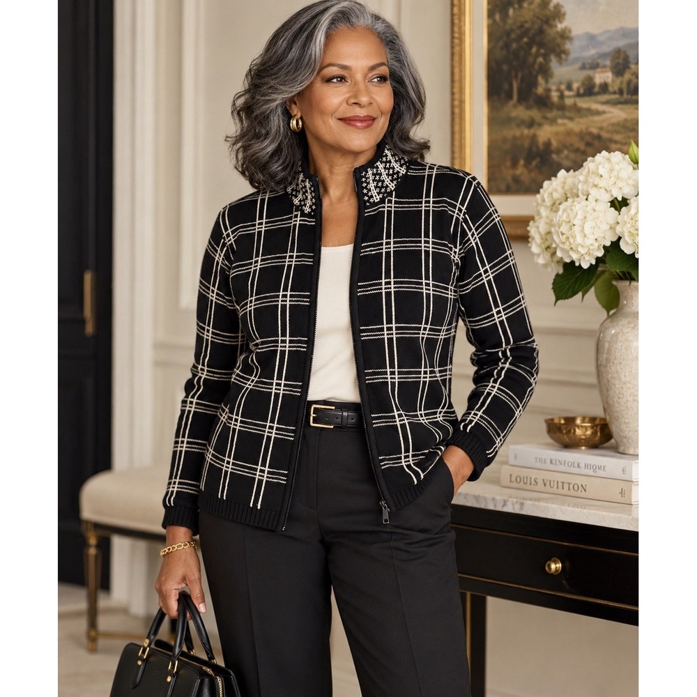 Talbots Full Zip Sweater Cardigan Black Cream Plaid 100% Cotton Women's L